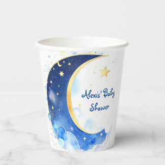 Gobelets En Papier Aquarelle Lune céleste et Baby shower des étoiles