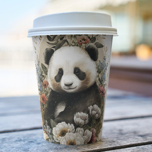 Gobelets En Papier Aquarelle mignonne Fleur sauvage Panda Ours Annive