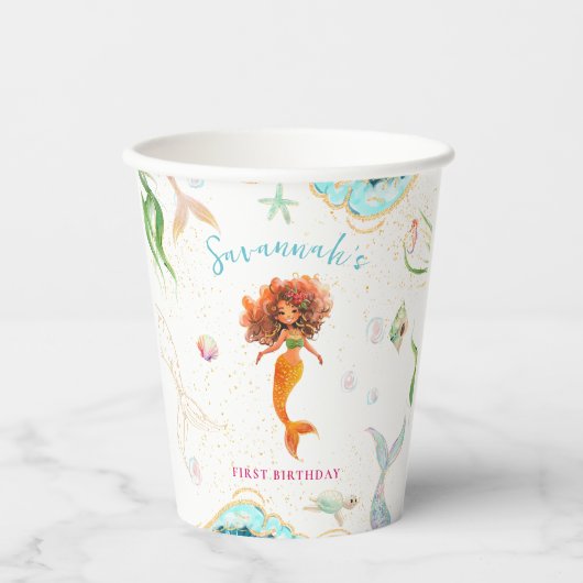 Gobelets En Papier Aquarelle Parties scintillant Sirène Anniversaire (Recto)