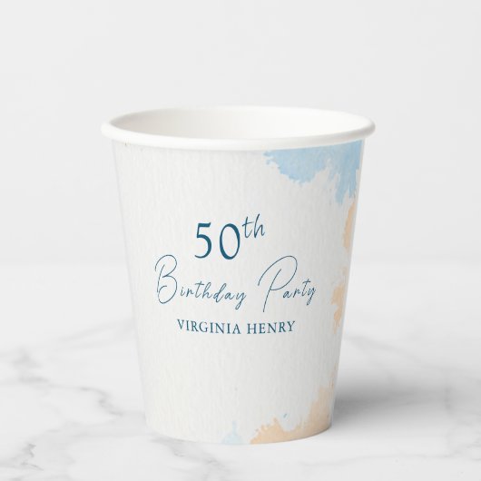 Gobelets En Papier Aquarelle Pastel Bleu N'importe quel âge Anniversa (Recto)