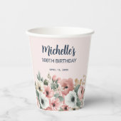 Gobelets En Papier Aquarelle rose blanc Floral 100e anniversaire (Recto)