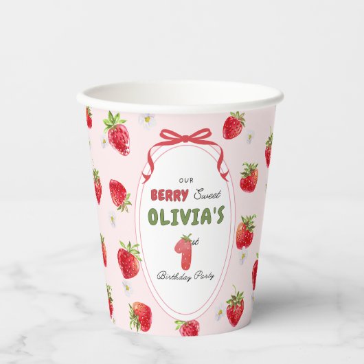 Gobelets En Papier Aquarelle rose douce fraise premier anniversaire (Recto)