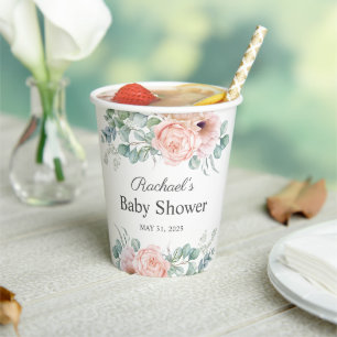 Gobelets En Papier Aquarelle rose et beige Baby shower floral