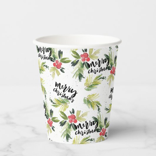 Gobelets En Papier Aquarelle rustique Holly Motif Joyeux Noël (Recto)