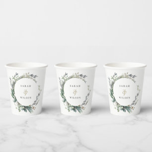 Gobelets En Papier Aquarelle rustique Mariage de serrure vert feuilla