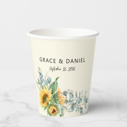 Gobelets En Papier Aquarelle rustique Tournesol Eucalyptus Vert (Recto)