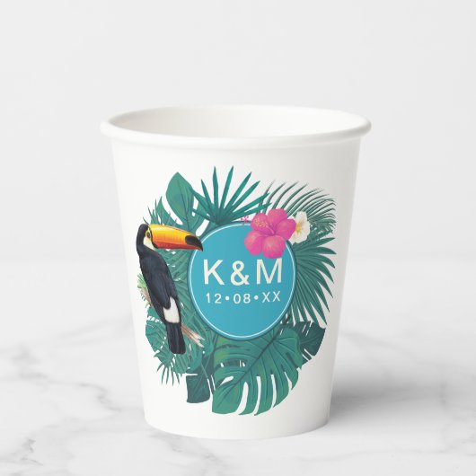 Gobelets En Papier Aquarelle Tropical avec Toucan Turquoise ID577 (Recto)