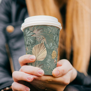 Gobelets En Papier Aquarelle Tropicale Gold & Green Feuille Motif