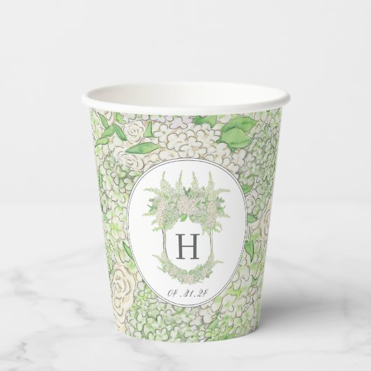 Gobelets En Papier Aquarelle Vert et Blanc Hydrangea Crest (Verso)