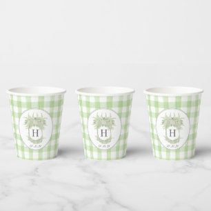 Gobelets En Papier Aquarelle Vert et blanc Hydrangea En vichy Crest