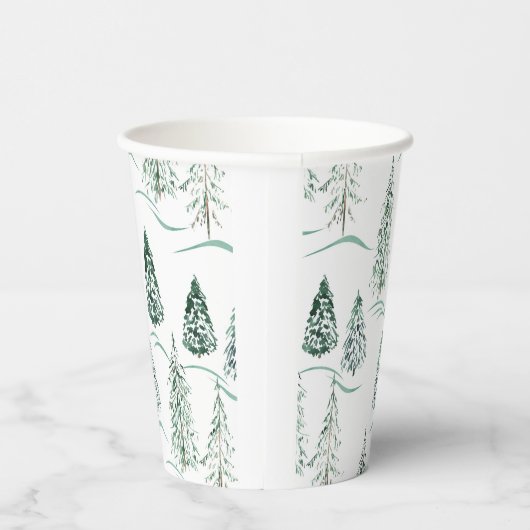 Gobelets En Papier Aquarelles de Noël. Forêt d'hiver.  (Droite)