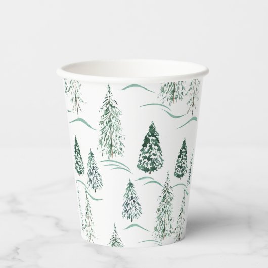 Gobelets En Papier Aquarelles de Noël. Forêt d'hiver.  (Recto)