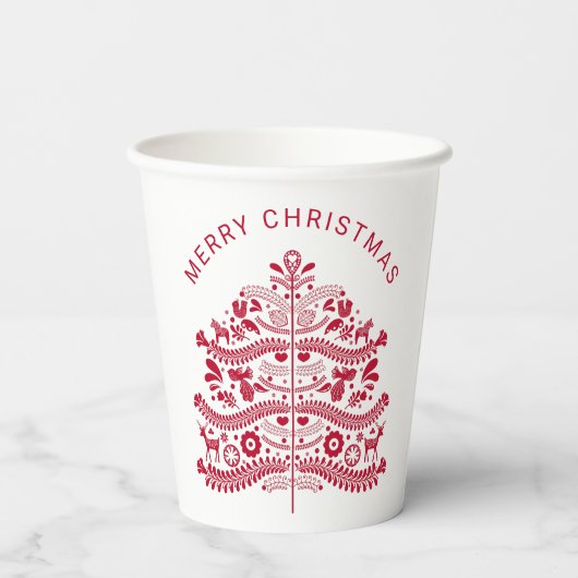 Gobelets En Papier Arbre de Noël d'art populaire scandinave rouge (Verso)