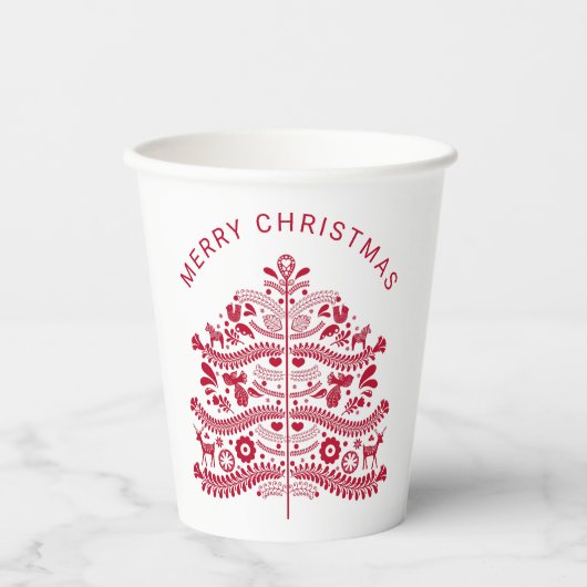 Gobelets En Papier Arbre de Noël d'art populaire scandinave rouge (Recto)