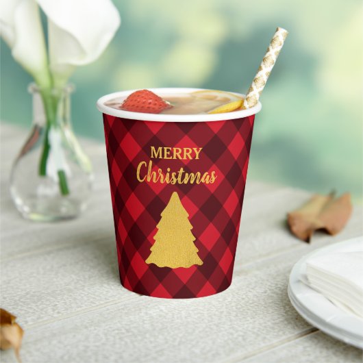 Gobelets En Papier Arbre de Noël Rouge et Noir Buffalo Plaid (Insitu)