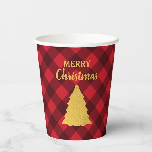 Gobelets En Papier Arbre de Noël Rouge et Noir Buffalo Plaid (Verso)