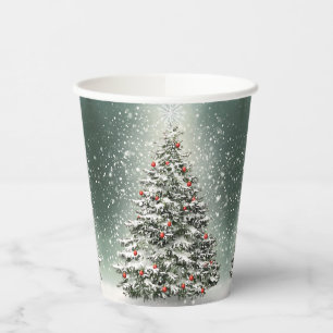 Gobelets En Papier Arbre de Noël vert Ornements colorés Neige blanche
