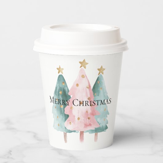 Gobelets En Papier Arbres de Noël verts roses étoiles d'or (Recto)