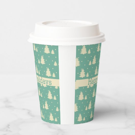 Gobelets En Papier Arbres d'hiver rétro sur Turquoise avec bande de t (Gauche)