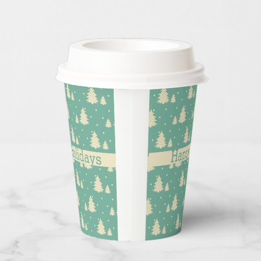 Gobelets En Papier Arbres d'hiver rétro sur Turquoise avec bande de t (Droite)