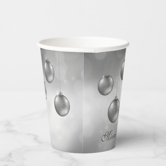 Gobelets En Papier Argent Gris Baubles De Noël Sur Grey Bokeh (Droite)