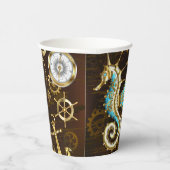 Gobelets En Papier Arrière - plan en bois avec cheval de mer mécaniqu (Droite)