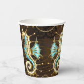 Gobelets En Papier Arrière - plan en bois avec cheval de mer mécaniqu (Recto)