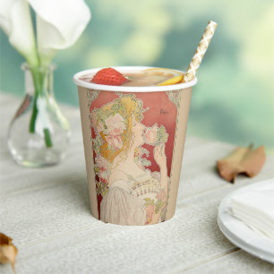Gobelets En Papier Art Nouveau Belle Époque Dame Roses Livemont