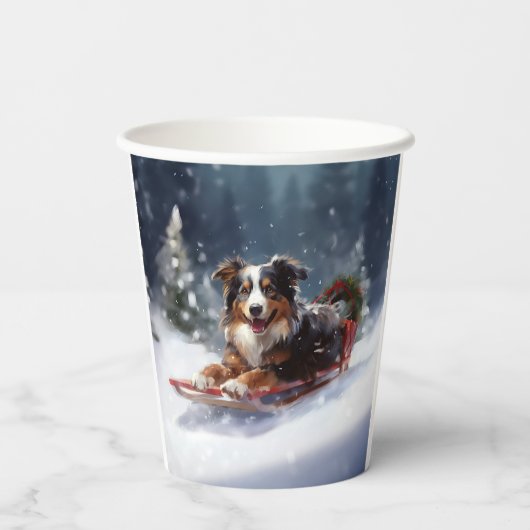 Gobelets En Papier Australian Shepherd hiver neige de Noël (Verso)