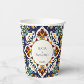 Gobelets En Papier Azulejo bleu méditerranéen mariage imprimé (Verso)