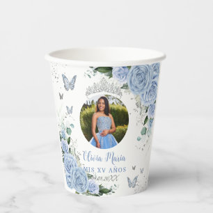 Gobelets En Papier Baby Blue Floral Quinceañera Sweet 16 Photo