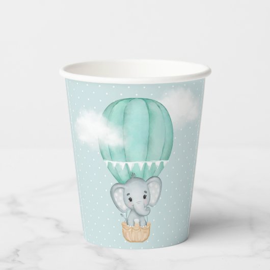 Gobelets En Papier Baby Elephant Pale Green Hot Air Balloon Douche (Verso)