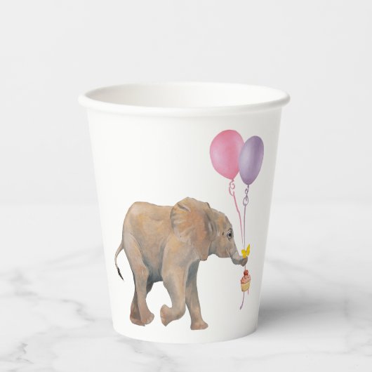 Gobelets En Papier Baby Elephant pink & violet balloon Set x16 (Recto)