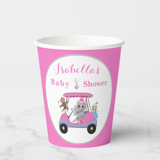 Gobelets En Papier Baby Girl Golfing Elephant & Monkey Douche (Recto)