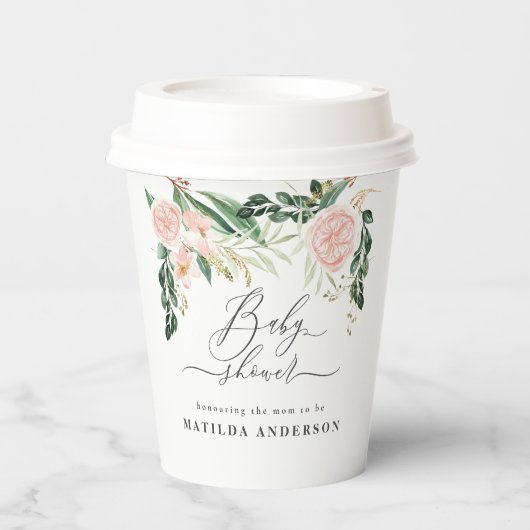 Gobelets En Papier Baby shower à fleurs de pêche rose (Recto)