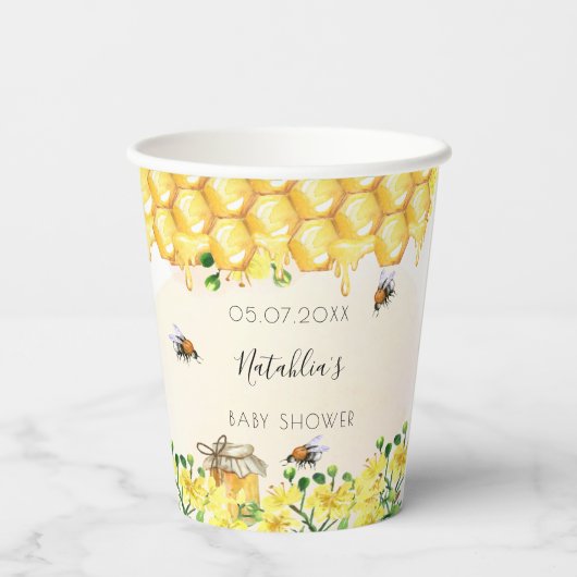 Gobelets En Papier Baby shower abeilles fleurie jaune jardin (Verso)