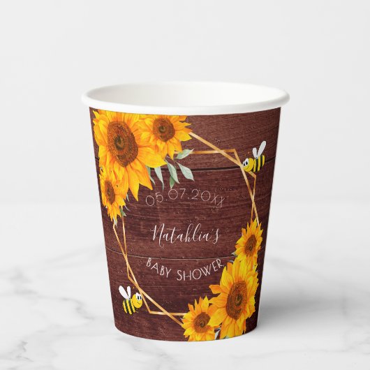 Gobelets En Papier Baby shower abeilles tournesols bois rustique brun (Verso)