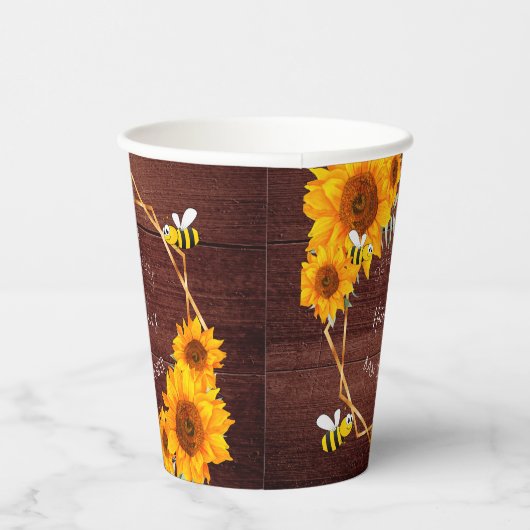 Gobelets En Papier Baby shower abeilles tournesols bois rustique brun (Droite)