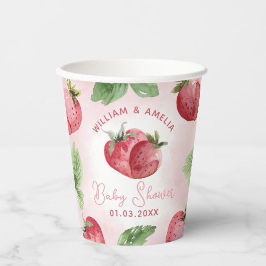 Gobelets En Papier Baby shower aux fraises roses (Recto)