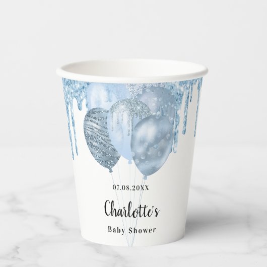 Gobelets En Papier Baby shower bleu clair garçon parties scintillant (Recto)