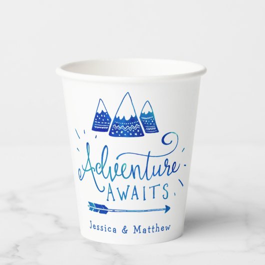 Gobelets En Papier Baby shower Boho Tribal Blue "Adventure Await" (Recto)