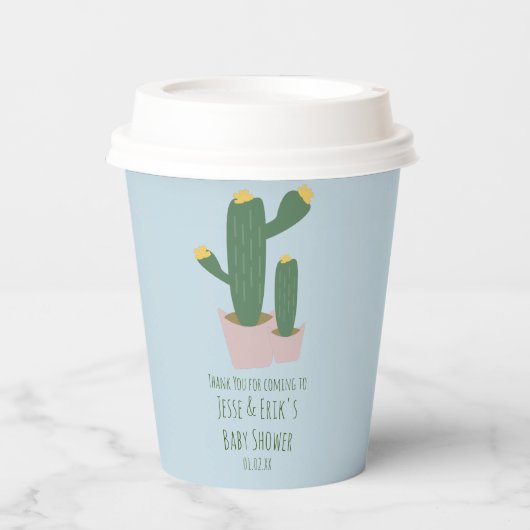 Gobelets En Papier Baby shower Cactus Cupcakes Merci bleu rose (Recto)