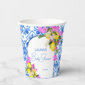 Gobelets En Papier Baby shower Carrelage bleu Citrons bougainvilliers (Recto)