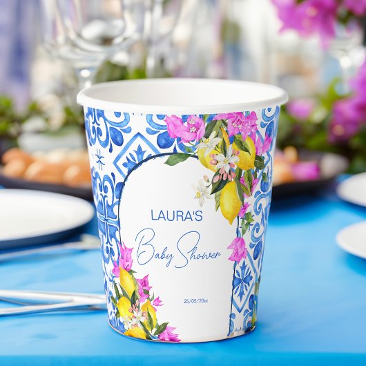 Gobelets En Papier Baby shower Carrelage bleu Citrons bougainvilliers