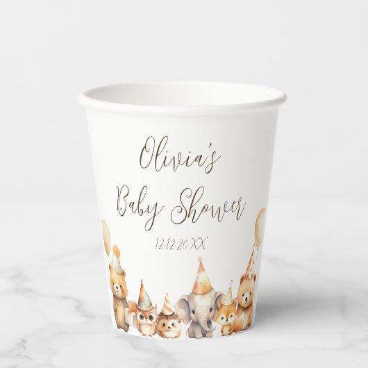 Gobelets En Papier Baby shower d'animaux d'aquarelle neutre pour le g (Recto)