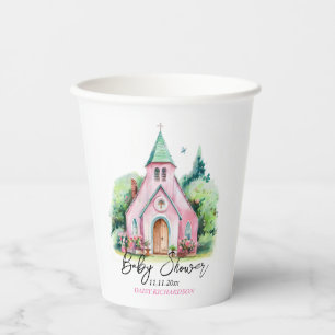 Gobelets En Papier Baby shower d'aquarelle fleurie de l'église rose