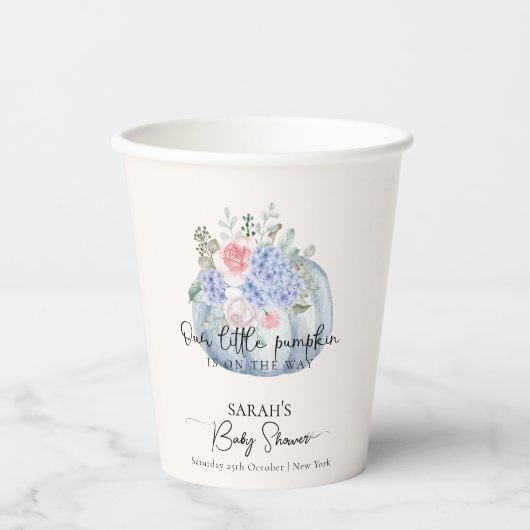 Gobelets En Papier Baby shower d'automne Citrouille Blue Hydrangea (Recto)