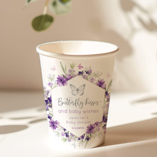 Gobelets En Papier Baby shower de baisers de papillon en argent viole