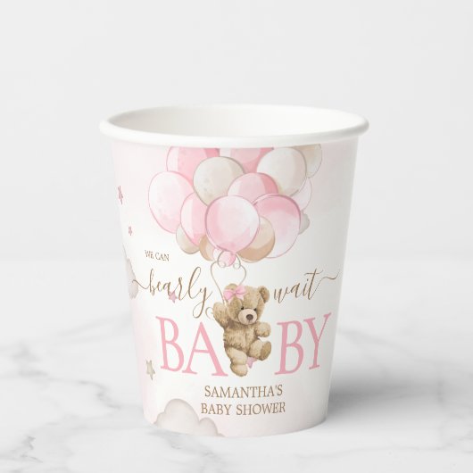 Gobelets En Papier Baby shower de ballon d'ours rose Boho (Recto)