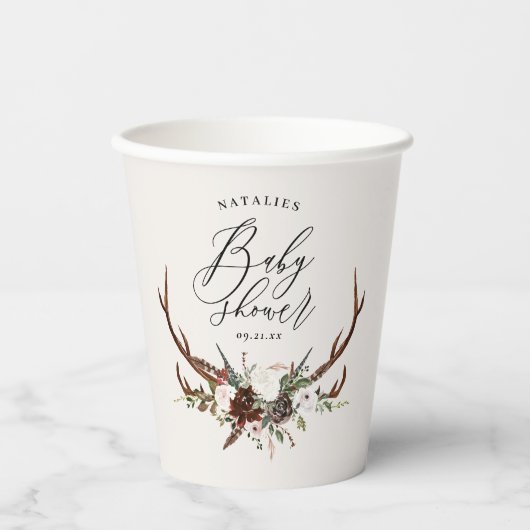 Gobelets En Papier Baby shower de cerf en script botanique rustique (Recto)